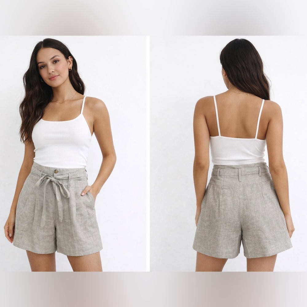 Anthropologie Cidra‎ Tan Linen High Waisted Belted Shorts Sz. 0